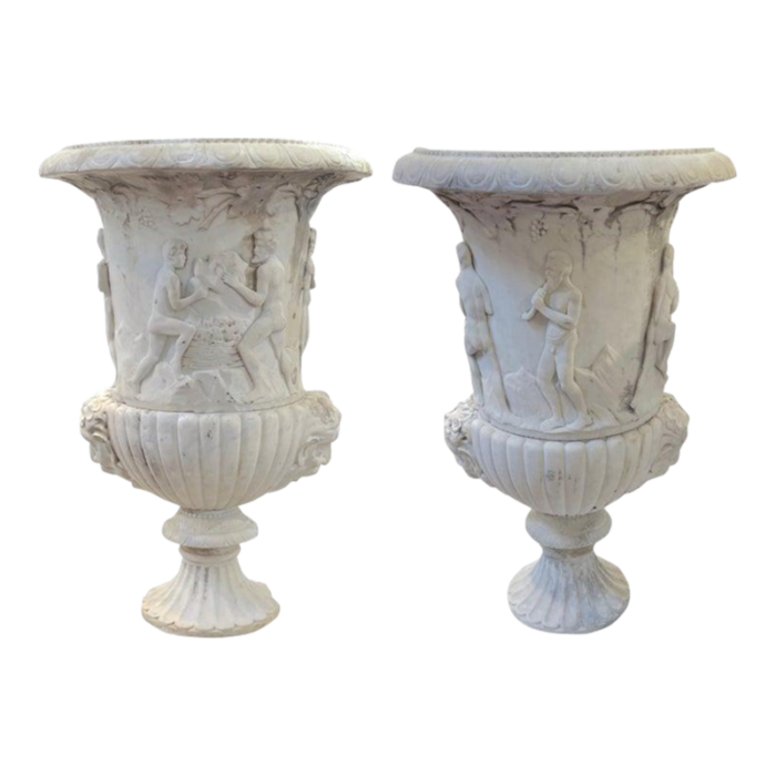 19th c or older antique italian carved marble bacchanalian garden urns a pair 9565