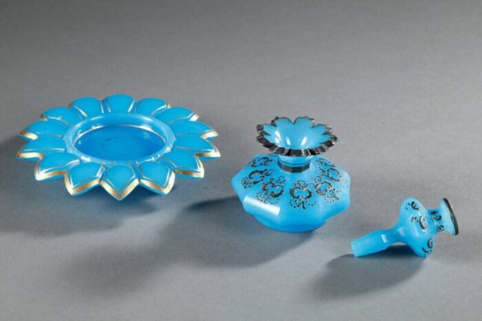 19th century blue opaline perfume bottle with enamel decoration set of 2 7