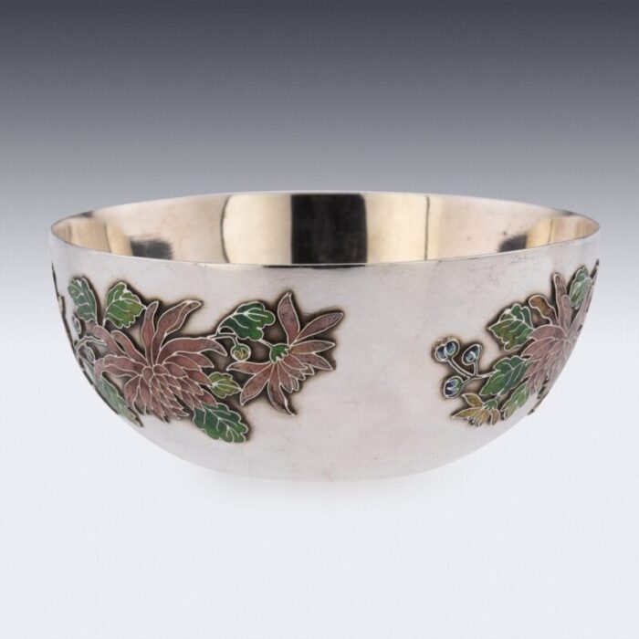 19th century chinese export solid silver enamel bowl by wang hing 1890s 2