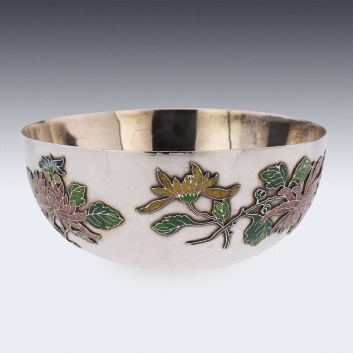 19th century chinese export solid silver enamel bowl by wang hing 1890s 4