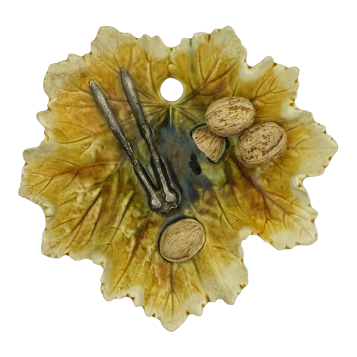 19th century english majolica bretby art pottery leaf dish walnut nutcracker 0268