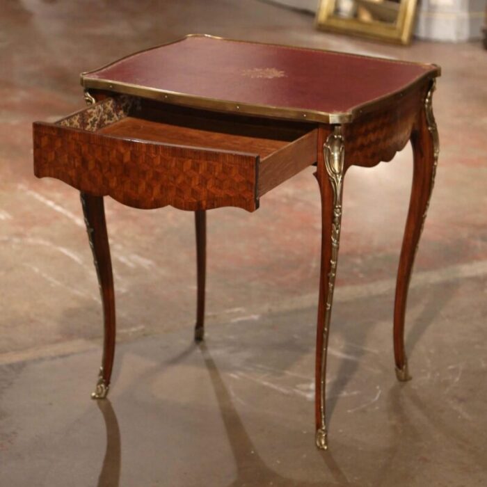 19th century french louis xv leather top marquetry walnut and bronze side table 0776