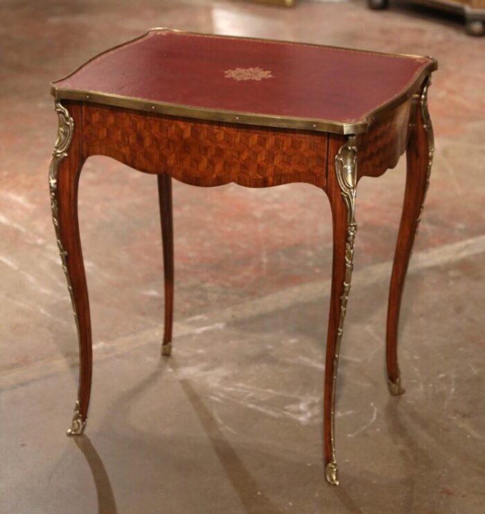 19th century french louis xv leather top marquetry walnut and bronze side table 3039