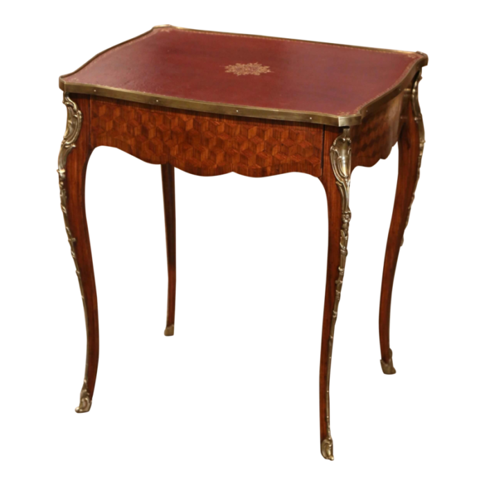 19th century french louis xv leather top marquetry walnut and bronze side table 9736