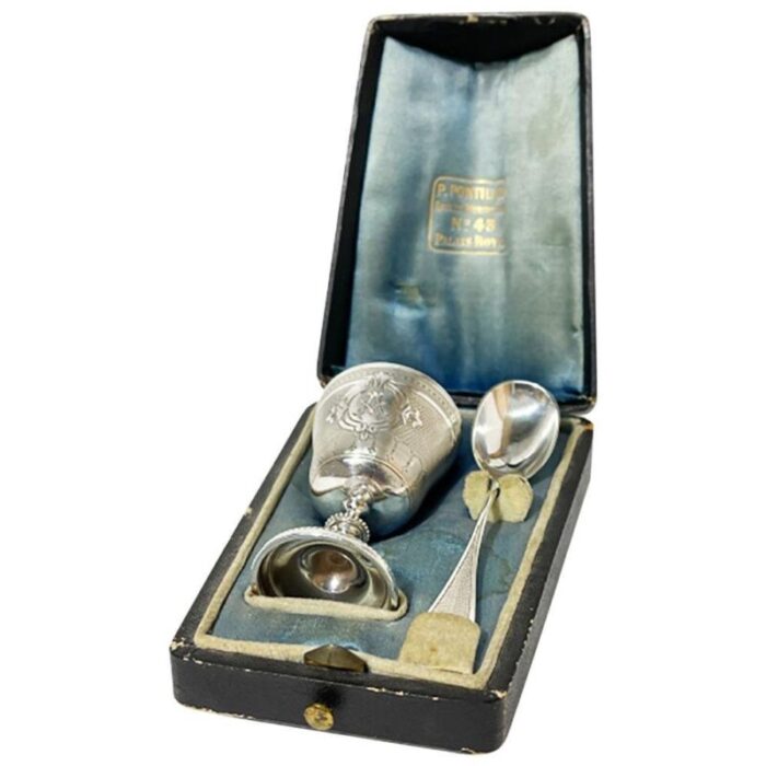 19th century french silver boxed egg cup and spoon by pellerin lemoing set of 3 1