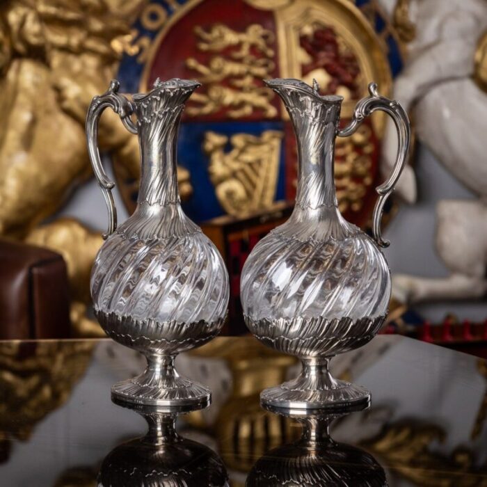 19th century french solid silver glass claret jugs by maison odiot 1890 set of 2 1