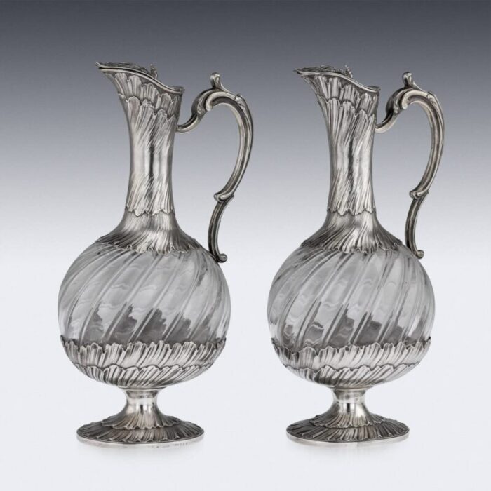 19th century french solid silver glass claret jugs by maison odiot 1890 set of 2 16