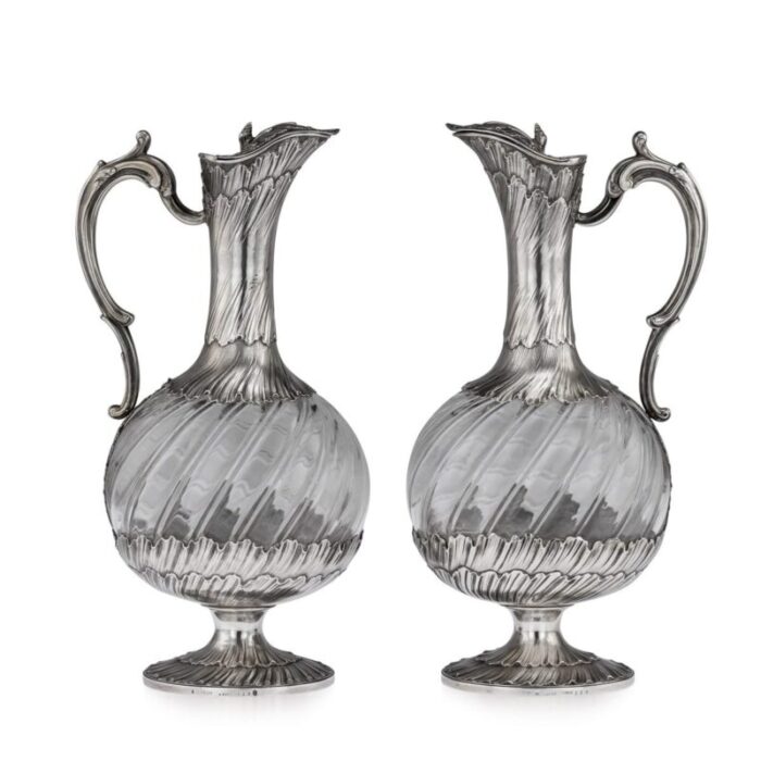 19th century french solid silver glass claret jugs by maison odiot 1890 set of 2 17