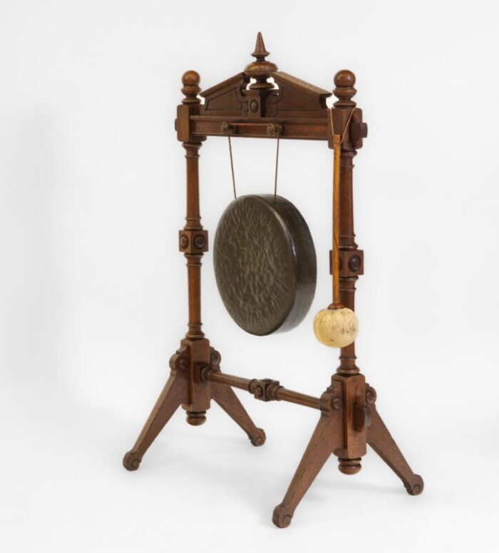 19th century oak floor standing dinner gong and striker 1870s 3750