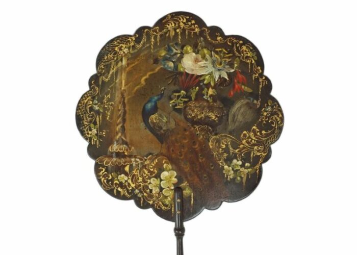 19th century papier mache face screen fan lacquered black exotic birds a pair 1715