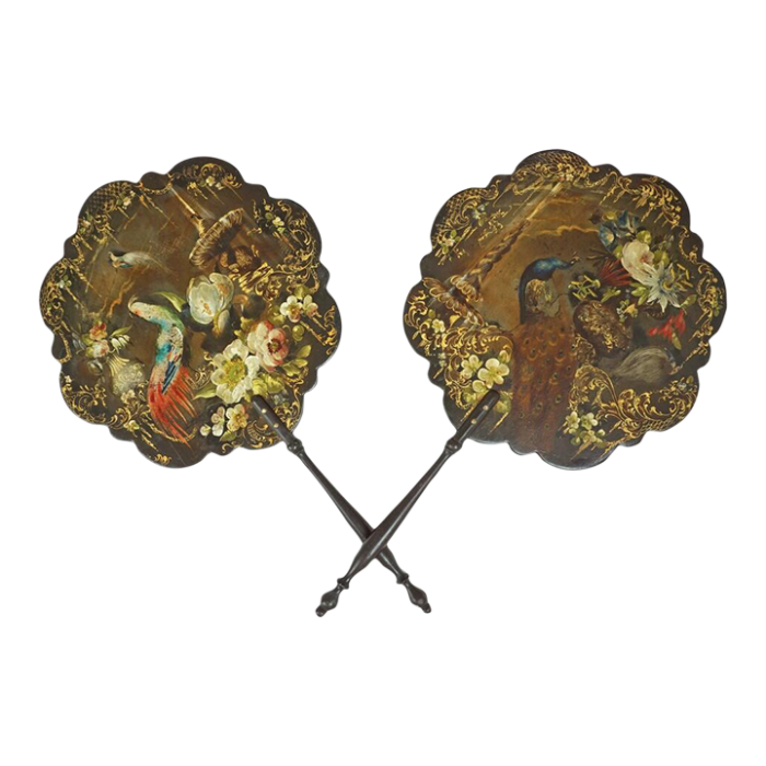 19th century papier mache face screen fan lacquered black exotic birds a pair 9146