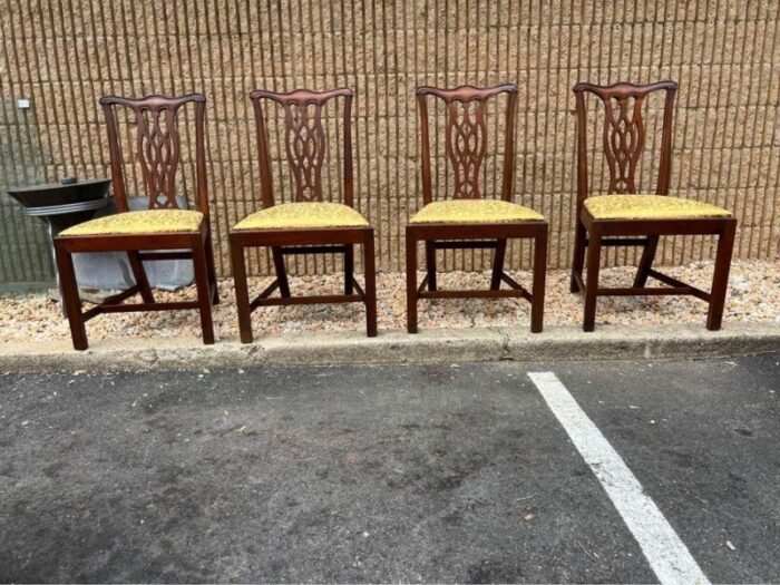 19th century set of four antique chippendale style mahogany dining chairs recently reupholstered 9290