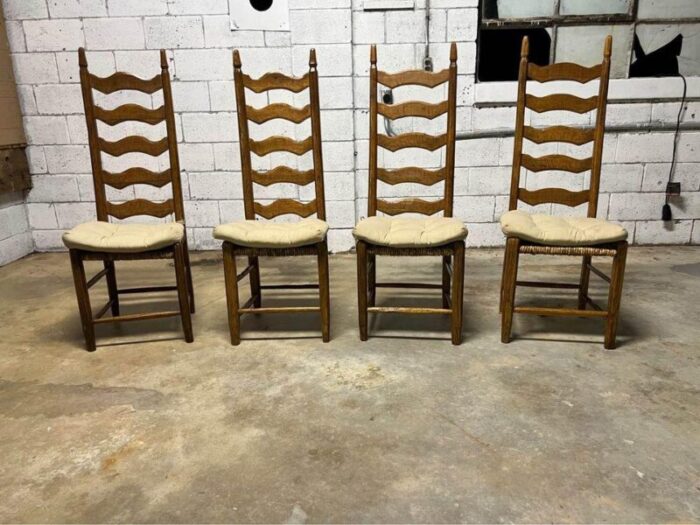 19th century set of four antique rush seat ladder back dining chairs 9548