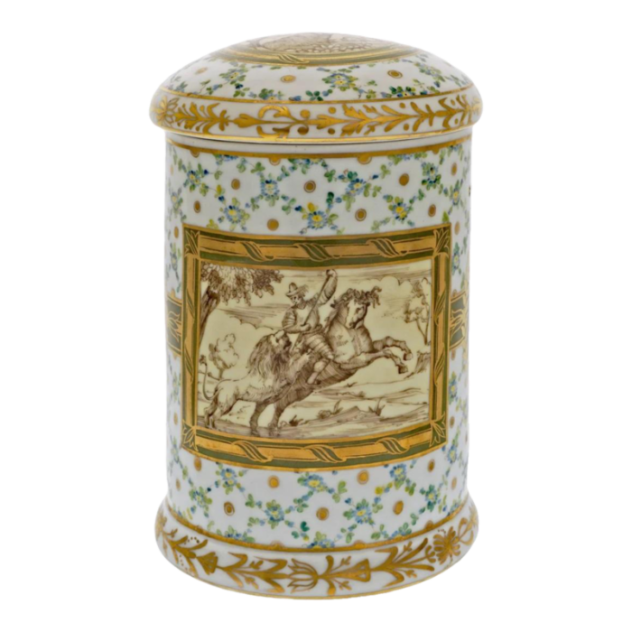 19th century tobacco jar hunter horse dog boar hand painted porcelain lidded container 9030