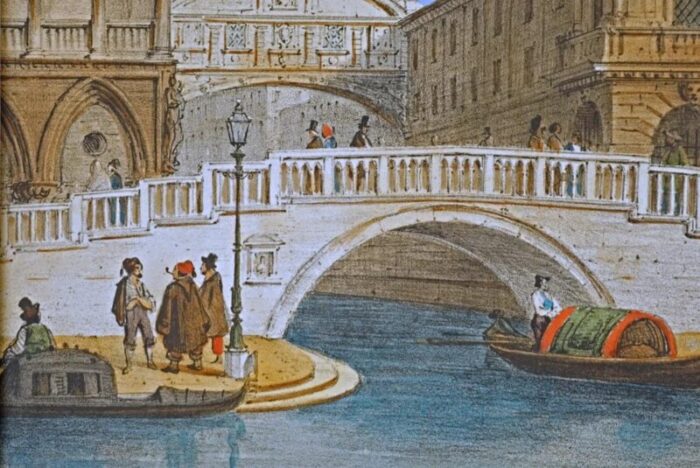 19th century venice bridge of sighs antique framed lithograph hand painted gouache after marco moro venice 7471