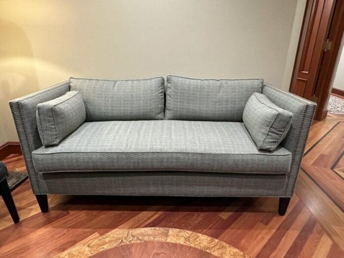 2 cushion grey sofa with nailhead trim 1181