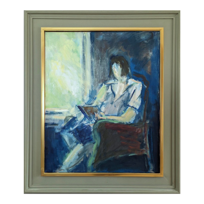 2000 contemporary modern reading by the window abstract figurative oil painting framed 1920