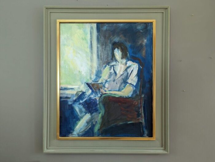 2000 contemporary modern reading by the window abstract figurative oil painting framed 8104