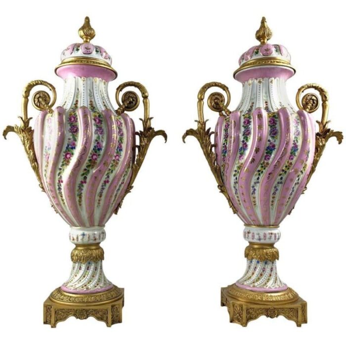 20th century ormolu pink sevres porcelain vases with lids set of 2 1