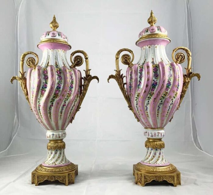 20th century ormolu pink sevres porcelain vases with lids set of 2 2