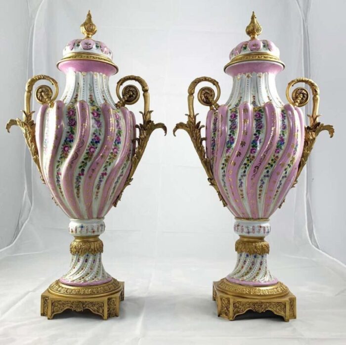 20th century ormolu pink sevres porcelain vases with lids set of 2 3