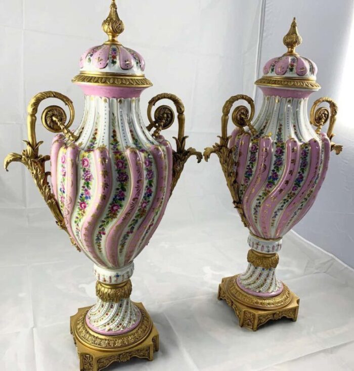 20th century ormolu pink sevres porcelain vases with lids set of 2 5