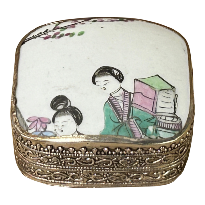 35 chinese old white base flower lady graphic porcelain art pewter box 3066