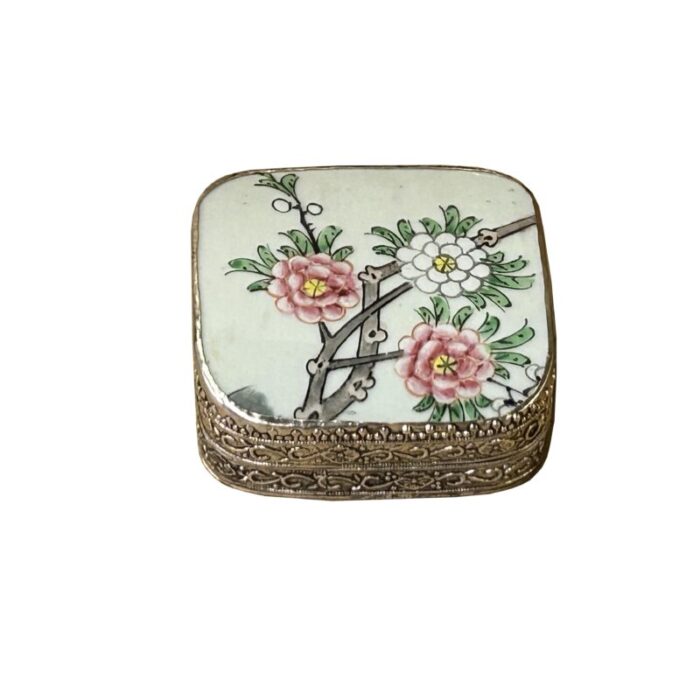 35 chinese old white base pink flower graphic porcelain art pewter box 1095