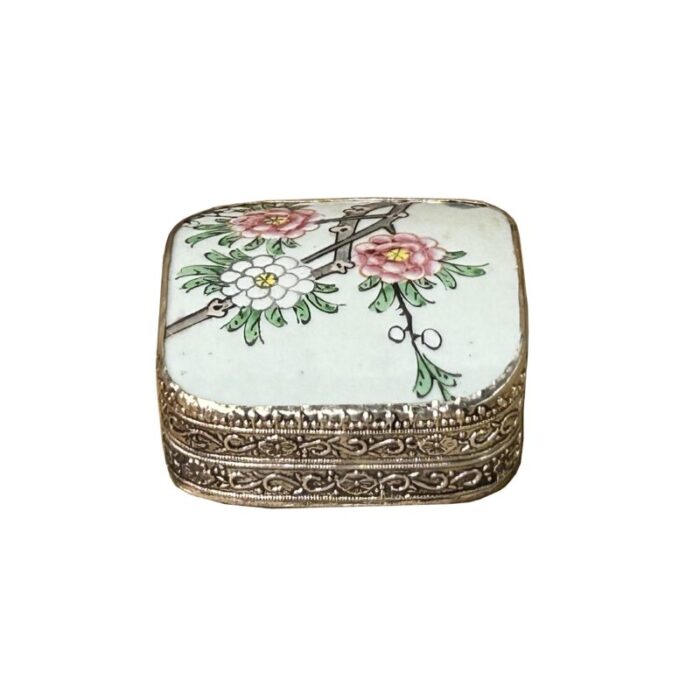 35 chinese old white base pink flower graphic porcelain art pewter box 2681