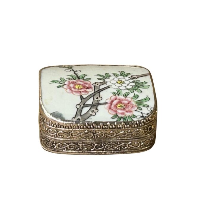 35 chinese old white base pink flower graphic porcelain art pewter box 3589