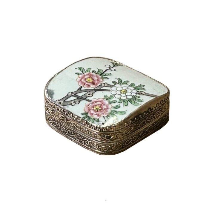 35 chinese old white base pink flower graphic porcelain art pewter box 4735