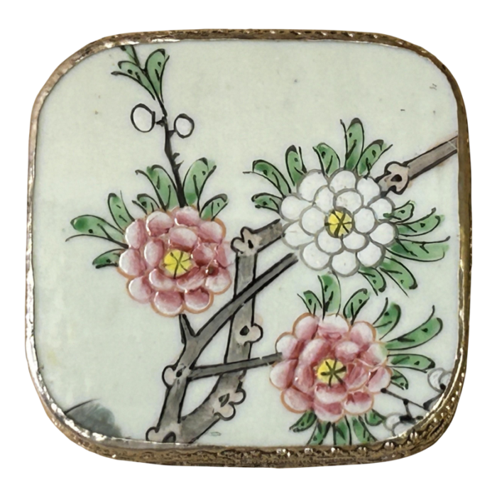 35 chinese old white base pink flower graphic porcelain art pewter box 6390