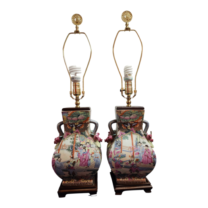 a pair of late 20th century rose famille lamps with pomegranate handles 7209