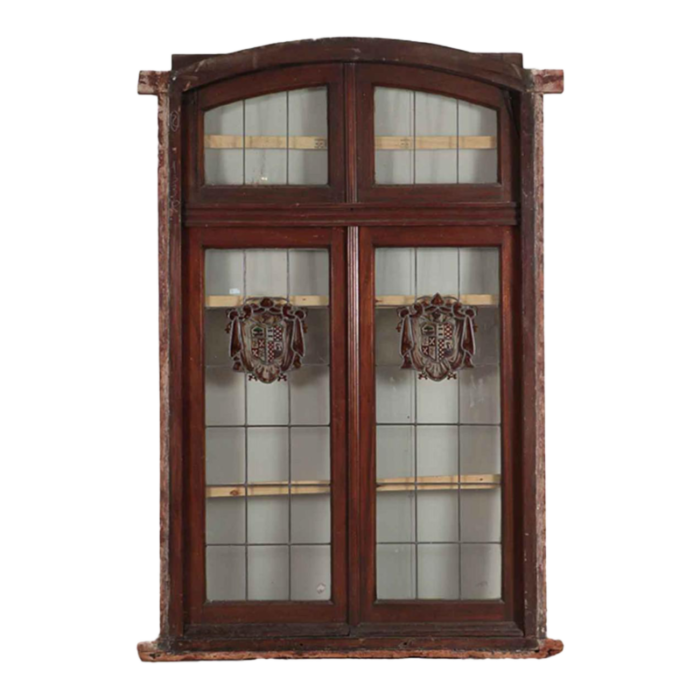 a two panel mahogany window set with leaded glass and frame circa 1920 3215