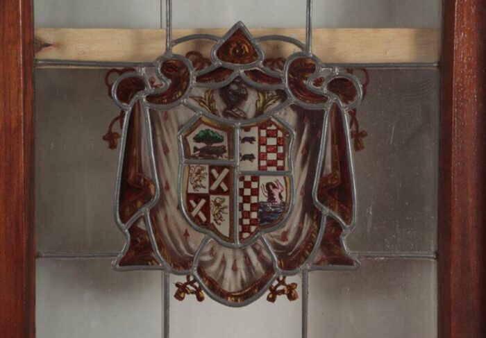 a two panel mahogany window set with leaded glass and frame circa 1920 4425