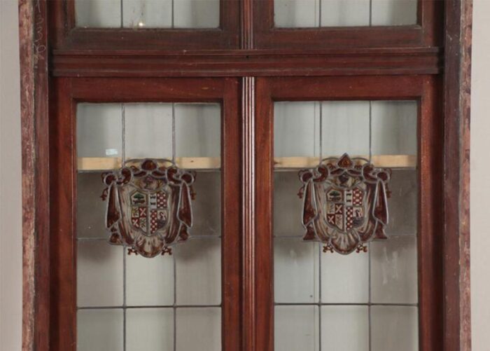 a two panel mahogany window set with leaded glass and frame circa 1920 8298