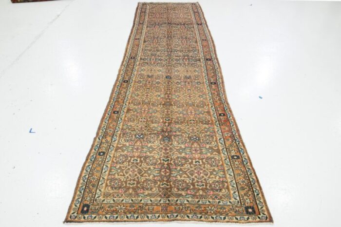 allover designed persian hamadan wool rug in light brown 4729