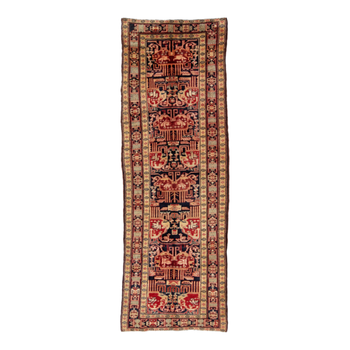 allover designed persian heriz wool runner in blue and peach 5413