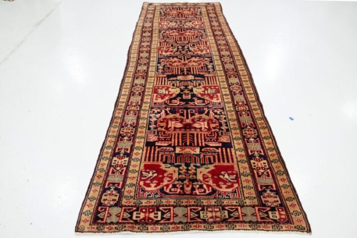 allover designed persian heriz wool runner in blue and peach 9860