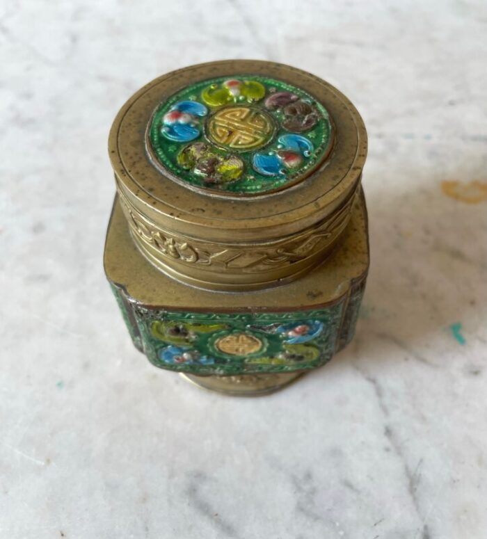 antique chinese brass and enamel tea box 8089