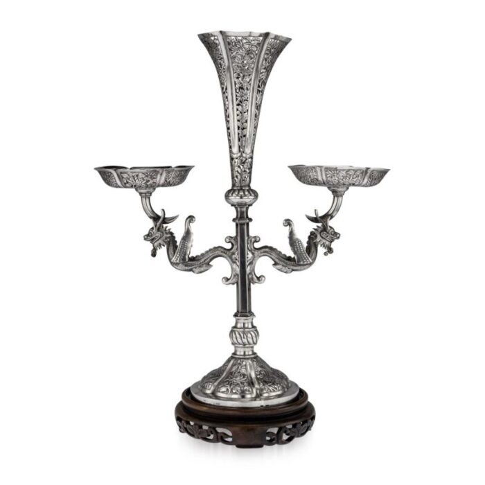 antique chinese solid silver dragon epergne from hung chong co 1890s 1