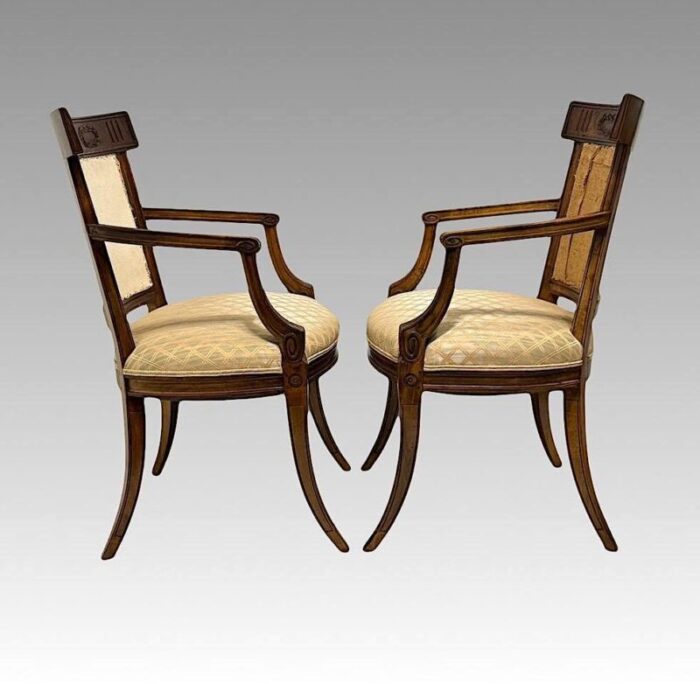 antique early french directoire carved fruitwood upholstered arm chairs a pair circa 1800 3313