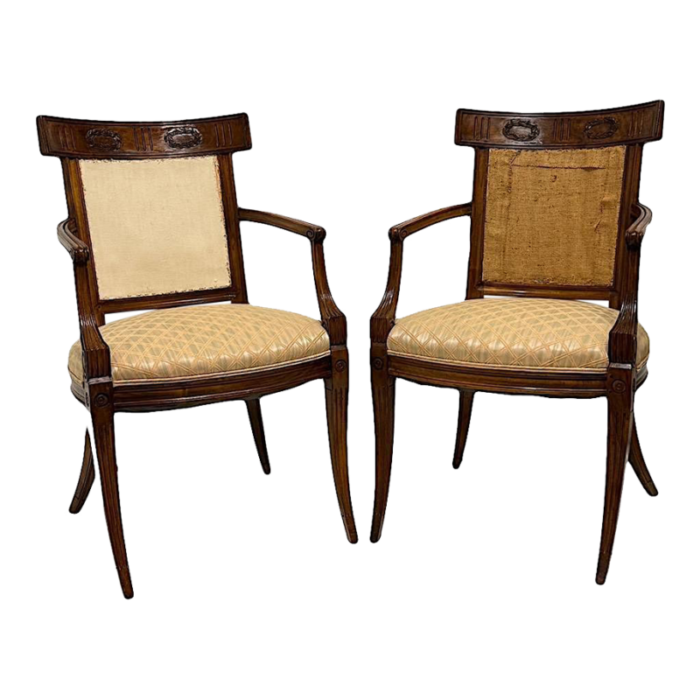 antique early french directoire carved fruitwood upholstered arm chairs a pair circa 1800 3546