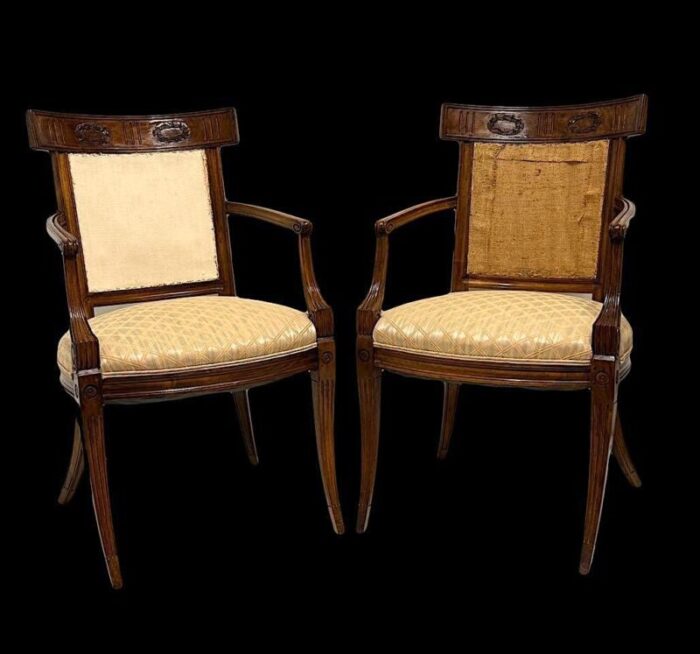 antique early french directoire carved fruitwood upholstered arm chairs a pair circa 1800 3666