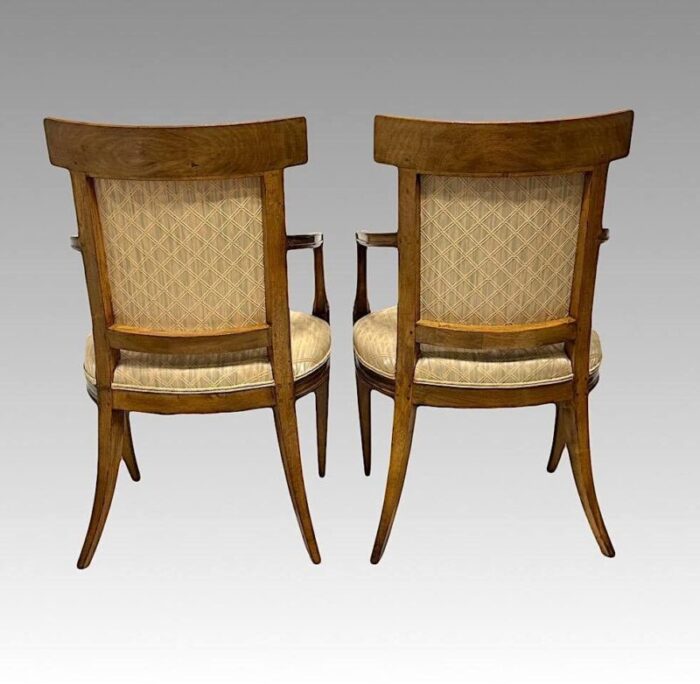 antique early french directoire carved fruitwood upholstered arm chairs a pair circa 1800 3739