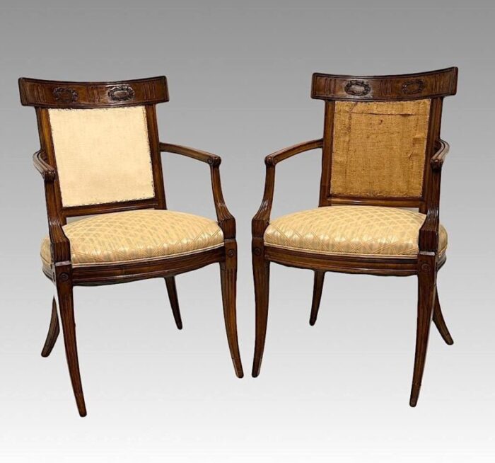 antique early french directoire carved fruitwood upholstered arm chairs a pair circa 1800 6195