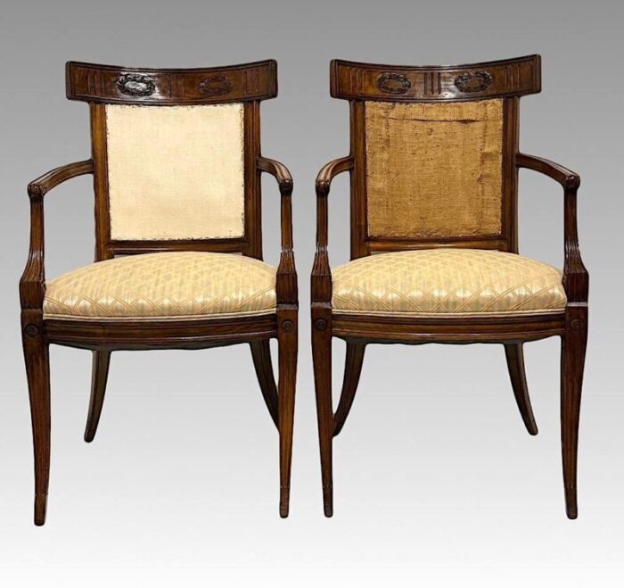 antique early french directoire carved fruitwood upholstered arm chairs a pair circa 1800 9236