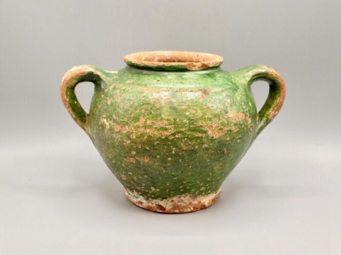 antique french confit pot green glaze 3655