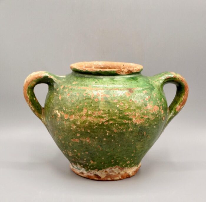 antique french confit pot green glaze 8693