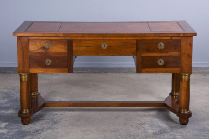 antique french empire style walnut writing desk w brown leather top 6035